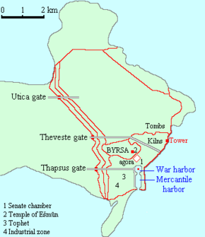 a map showing the defences of the city of Carthage