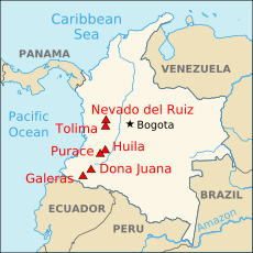 Map showing volcanoes in Colombia