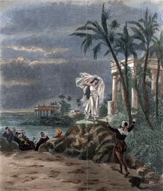 A stormy scene under a threatening sky; to the right is a pillared temple screened by palm trees. Outside the temple a woman stands, dressed in white, her robres blown in the wind. To the left in the middle distance a group of men is visible, gathered by the sea shore.