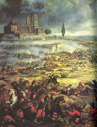 Painting of cavalry battle, with large building in the distance