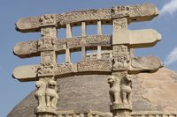 Stupa gateway at Sanchi, c. 100 CE or perhaps earlier, with densely packed reliefs