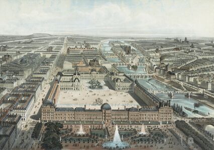 The Tuileries Palace (foreground) and Louvre (center) in 1850.