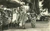 Left: Dance of the Fon chiefs during celebrations. Right: The celebration at Abomey(1908). The veteran warriors of the Fon king Béhanzin, Son of Roi Gélé