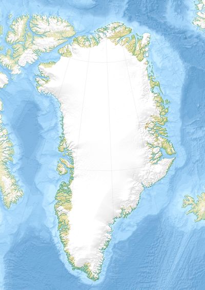 A topographic map of Greenland with towns marked