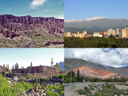 مع عقارب الساعة من أعلى: Quebrada de Humahuaca، سان سلڤادور دى خوخوي، Pucará de Tilcara, وربوة السبع ألوان.
