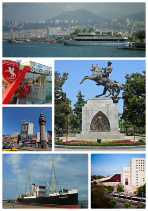 مع عقارب الساعة من أعلى اليمين: Samsunum-1 ship and coast, Statue of Honor, Atatürk Culture Centre, Bandırma Ferry and National Struggle Park Open Air Museum, Saathane Square, Store 55