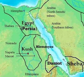 دعمت تحمل اسم "Damot" على هذه الخريطة، ويجب عدم الخلط بينها وبين مملكة دعموت الواقعة إلى الجنوب الغربي.