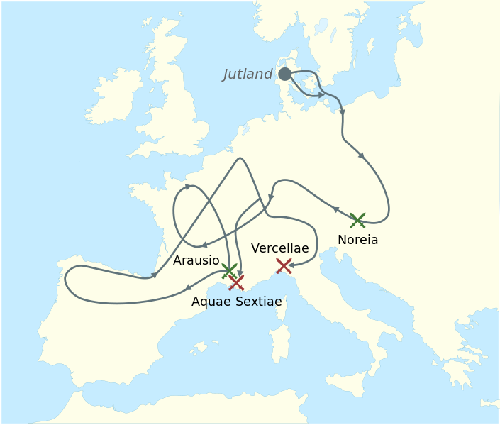 ملف:Cimbrians and Teutons invasions.svg