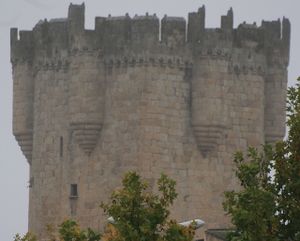 Coria castle. Basically a large square keep, but with several smaller round towers jutting out on all side.
