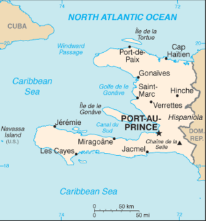 Haiti and its capital Port-au-Prince, shown to the west of the Dominican Republic and south-east of Cuba