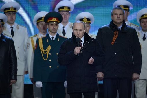 Putin on Red Square addresses the crowd in a rally in support of the accession of Crimea to Russia.