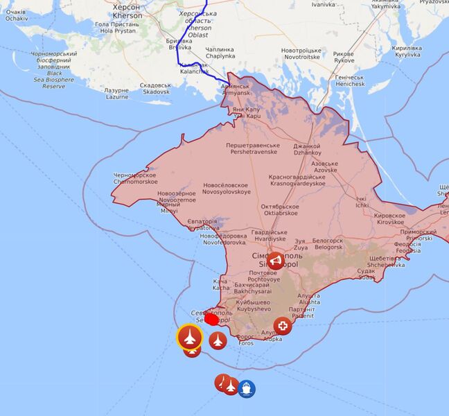 ملف:خريطة توضح موقع السفينة البريطانية والطيران الروسي قبالة شبه جزيرة القرم، 23 يونيو 2021.jpeg
