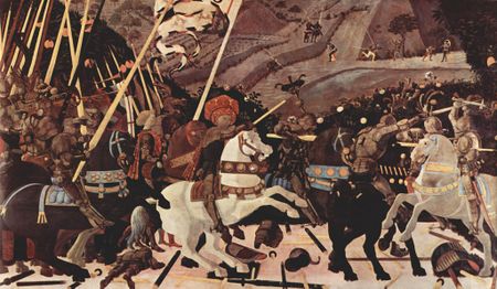 Very large panel painting of a battle scene with a man in a large ornate hat on a rearing white horse, leading troups toward the foe. Bodies and weapons lie on the ground. The background has distant hills and small figures.