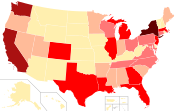خريطة الولايات والأراضي الأمريكية وعدد الحالات المؤكدة، اعتباراً من 24 مارس 2020.   <200 مؤكدة   200–499 مؤكدة   500–999 مؤكدة   1.000–2.499 مؤكدة   2.500–25.000 مؤكدة   >25.000 مؤكدة