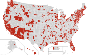 حالات كوڤيد-19 في الولايات المتحدة حسب المقاطعة، اعتباراً من 24 مارس 2020.