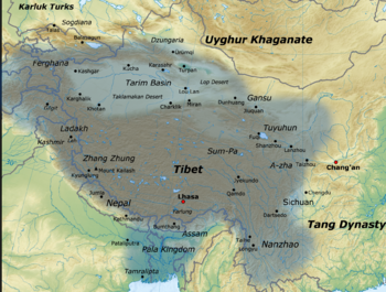 خريطة الامبراطورية التبتية في أقصى اتساعها ما بين عقد 780 وعقد 790.