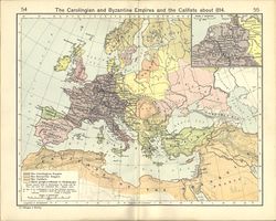 Old map of Europe and the Mediterranean basin showing the polities of the year 814 in various colours