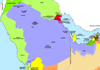 خريطة تظهر فيها نجد بالأزرق الفاتح والحجاز بالأخضر الفاتح على ساحل البحر الأحمر.