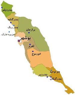 مقاطعة تنگستان (باللون المشمشي، وعاصمتها "أهرم") في خريطة محافظة بوشهر.
