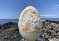 Egg sculpture on Pefnos, 2020, by Yiannis Gouzos and Petros Themelis.[40]