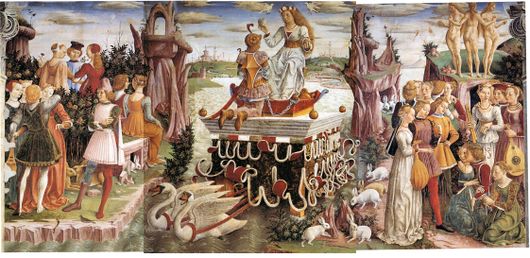 Fresco. At the centre of a surreal landscape, the richly-dressed goddess is drawn down a stream on an ornate contraption pulled by swans. Young women are grouped to the right and young men to the left of the scene. In the foreground are white rabbits.