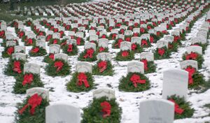 Thousands of balsam fir Christmas wreaths with red ribbons propped against headstones in a snowy Arlington National Cemetery in Arlington, Virginia, in the U.S.