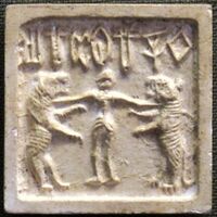 Indus valley civilization seal, with human flanked by two lions (2500–1500 BC).[19][20]