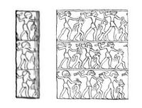 Nekhen ivory cylinder seal with impression of king smiting a captive (drawing)[29]