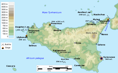 A relief map of Sicily showing the main cities at the time of the First Punic War