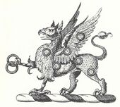 A heraldic griffin passant of the Bevan family crest.