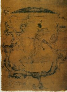 Silk painting depicting a man riding a dragon, dated to 5th-3rd century BC.