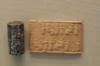 Cylinder seal of Queen Puabi, found in her tomb. Inscription 𒅤𒀀𒉿 𒊩𒌆Pu-A-Bi-Nin "Queen Puabi".[16][17][18] The last word "𒊩𒌆" can either be pronounced Nin “lady”, or Eresh “queen”.[19]