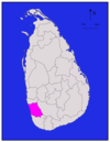 Area map of Kalutara District, extending inwards from the south west by west coast, in the Western Province of Sri Lanka