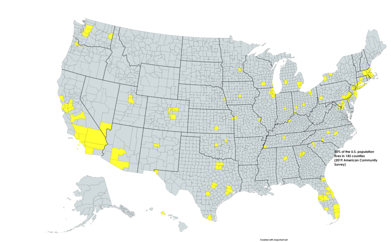 ملف:50 of the U S population lives in 143 counties based on 2019 American Community Survey - Copy.png