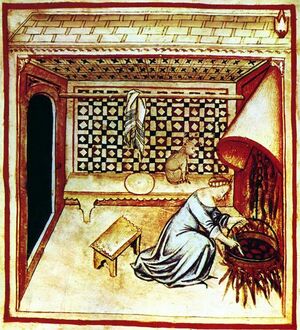 قلي الطعام. رسم توضيحي من كتاب تقويم الصحة لابن بطلان (بغداد، القرن الحادي عشر) والذي نُشر في إيطاليا باسم Tacuinum Sanitatis في القرن الرابع عشر