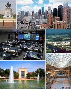 تجاه عقارب الساعة من أعلى: Sam Houston monument, Downtown Houston, Houston Ship Channel, The Galleria, University of Houston, and the Christopher C. Kraft Jr. Mission Control Center