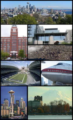 Clockwise: Downtown Seattle from the north, City Hall, aerial view of the city, a former commercial Boeing jet on display at the Museum of Flight, Mount Rainier, the Space Needle, Qwest Field, and Starbucks Coffee Company Headquarters