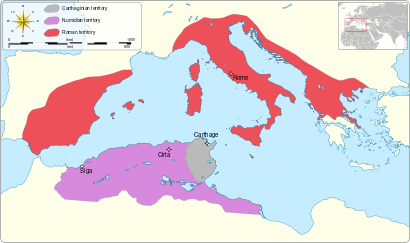 a map of the western Mediterranean with the territories of Numidia, Carthage and Rome shown