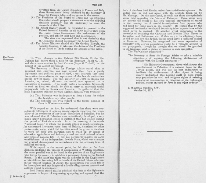 ملف:British War Cabinet Minutes approving the release of the Balfour Declaration.png