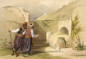 Coloured lithograph showing 2 men at the foot of a barren hill looking towards a large stone with a rounded top between two standing stones and with an arched opening in an ashlar wall in the background