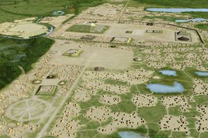 Artist's conception of the Mississippian culture Cahokia Mounds Site in Illinois.
