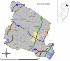 خريطة توضح موقع مدينة إيست اورانج بمقاطعة إسكس، ولاية نيوجرزي.