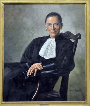A painting of Ginsburg in her robe, smiling and leaning in a chair