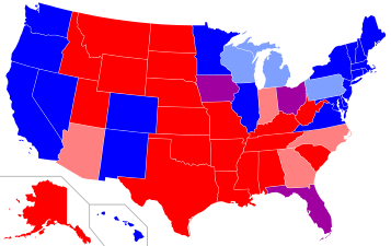 خريطة انتخابات رئاسية للولايات المتحدة، 2004–2016. الولايات التي تصوت باستمرار للديمقراطيين تـُدعى "الولايات الزرقاء".