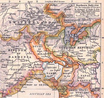 Northern Italy in 1796; the Duchy of Mantua can be seen centre-right, shaded in orange, as part of the Duchy of Milan.