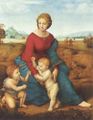 The Madonna of the meadow, ca. 1506, using Leonardo's pyramidal composition for subjects of the Holy Family