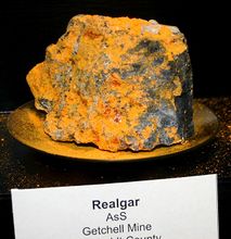 On long exposure to light, realgar disintegrates into a reddish-yellow powder. Specimens should be protected from bright light.