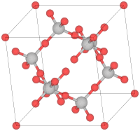 Unit cell of β-cristobalite; red spheres are oxygen atoms.