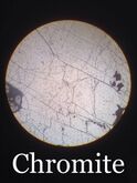 Chromite sample under a petrographic microscope in plain polarized light (PPL)
