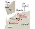 خريطة تبين مواقع كهوف جؤوكان ومناجم بروكمان في غرب أستراليا.